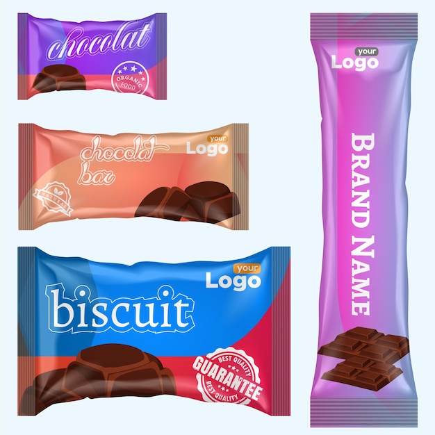 Vector chocolate cookies pack and chocolate bar package biscuit chips packaging design