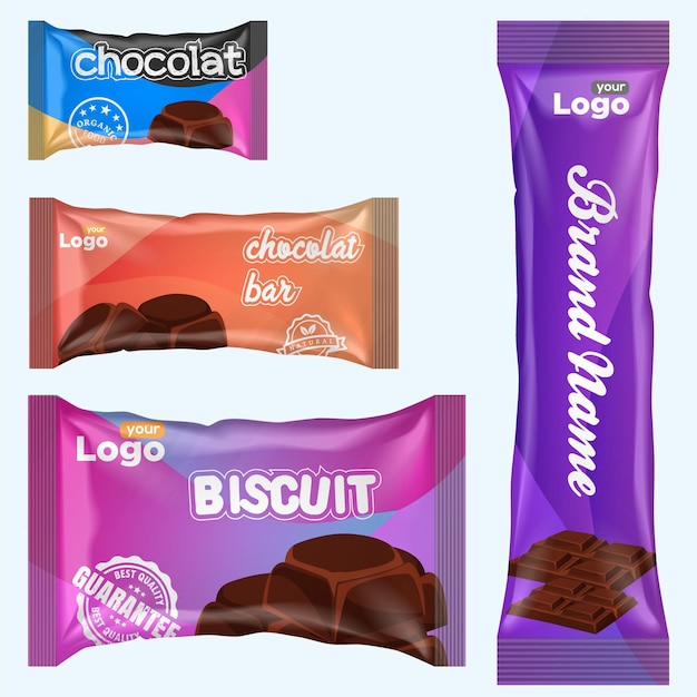 Vector chocolate cookies pack and chocolate bar package biscuit chips packaging design