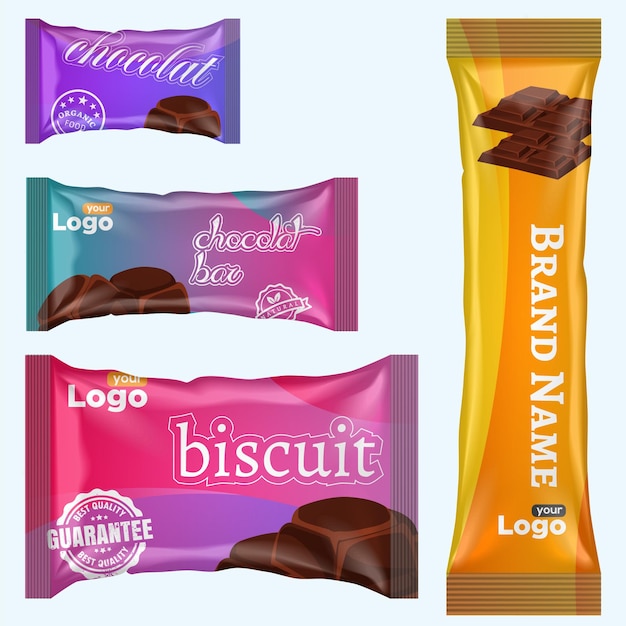 Vettore confezioni di biscotti al cioccolato e confezioni di barretta di cioccolata biscotti patatine disegno della confezione