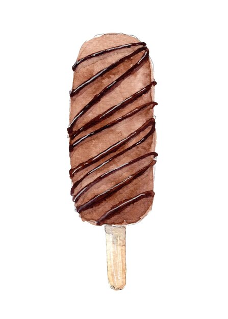 Chocolate covered ice cream on a stick watercolor hand drawn illustration isolated white background