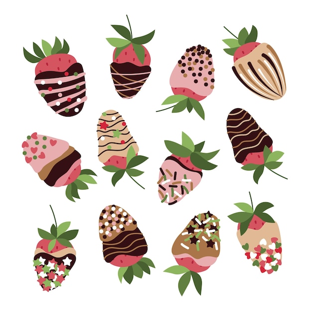 Chocolate covered strawberry Pink glazed strawberries Flat cartoon vector