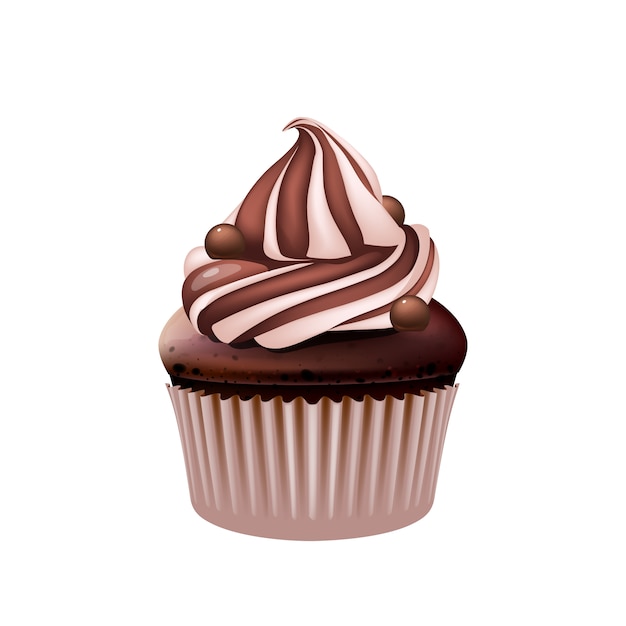 Chocolate cupcake, delicious creamy muffin realistic illustration