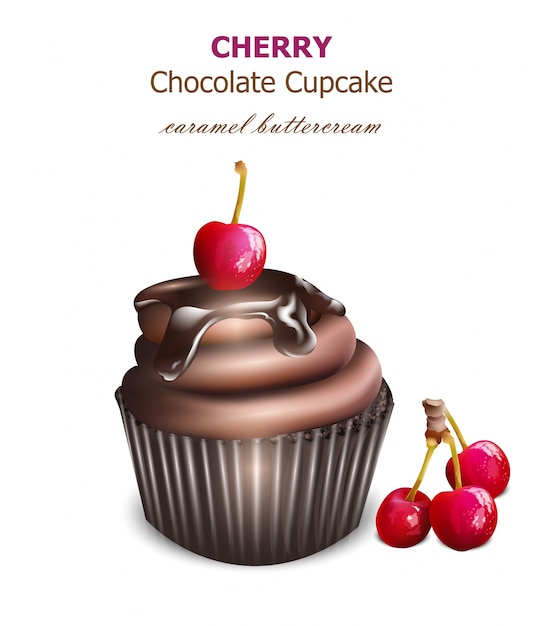 Vector chocolate cupcake with cherry fruits