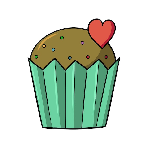 Chocolate cupcake with multicolored round sugar crumbs and a heart vector  in cartoon style