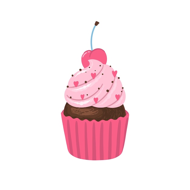 Chocolate cupcake with pink cream and cherry on the top. Valentines day concept illustration. Vector