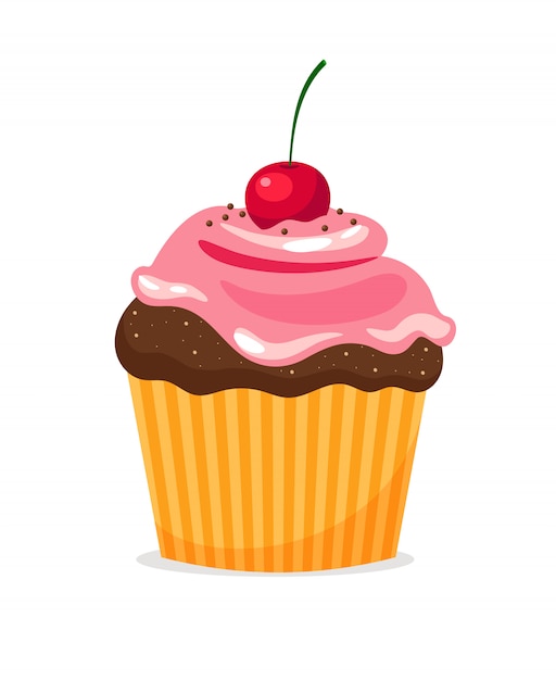 Chocolate cupcake with pink cream and cherry on white background.