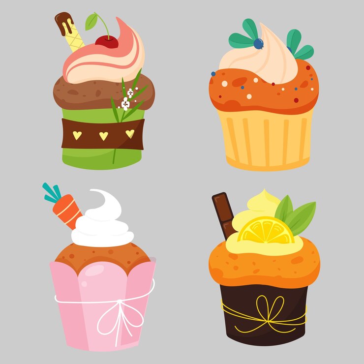 Vector 발렌타인 데이 handdrawn 벡터 이미지에 대한 레몬 당근 체리와 블루베리 꽃과 하트 초콜릿 컵 케이크
