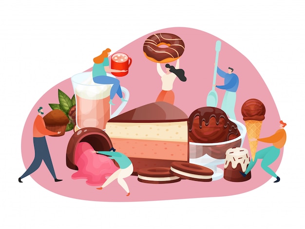 Chocolate dessert concept, tiny people holding huge sweets, cake and ice cream,  illustration