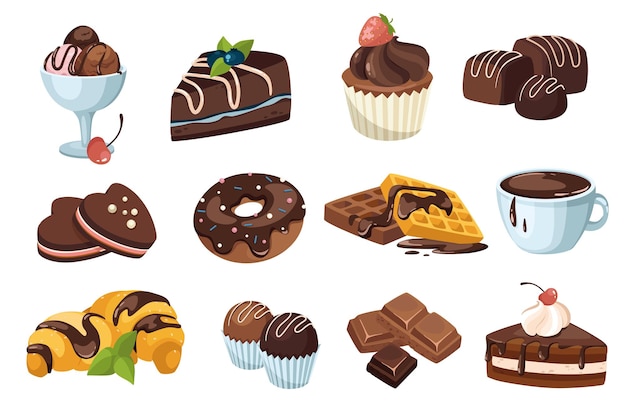 Insieme di elementi di design di dolci al cioccolato. collezione di gelati, torte, muffin, caramelle, ciambelle, waffle, bevande calde, cioccolato e dolciumi. oggetti isolati di illustrazione vettoriale in stile cartone animato piatto