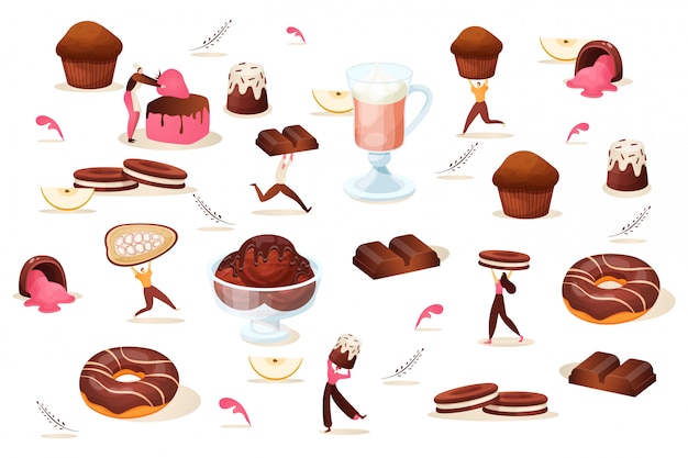 Vettore i dessert al cioccolato con la piccola gente hanno messo, illustrazione. caramelle, cupcake e biscotti, cibi dolci e bevande. uomo donna