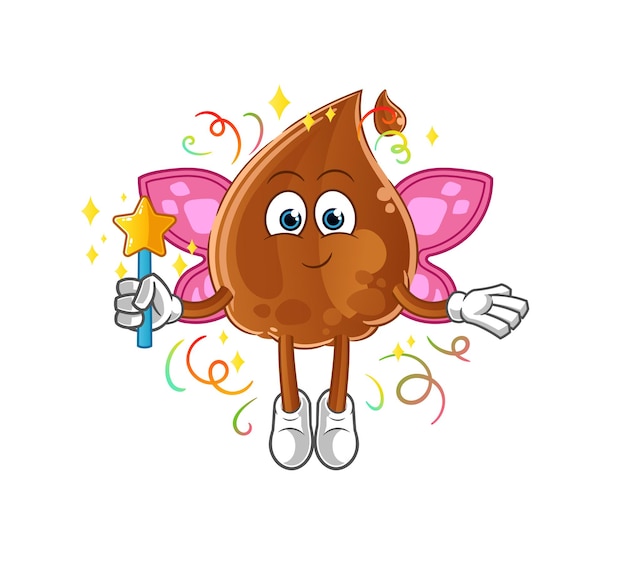 Chocolate drop fairy with wings and stick. cartoon mascot vector