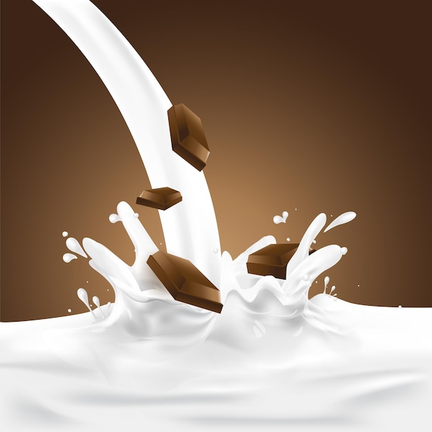 Goccia di cioccolato su schizzi di latte o yogurt