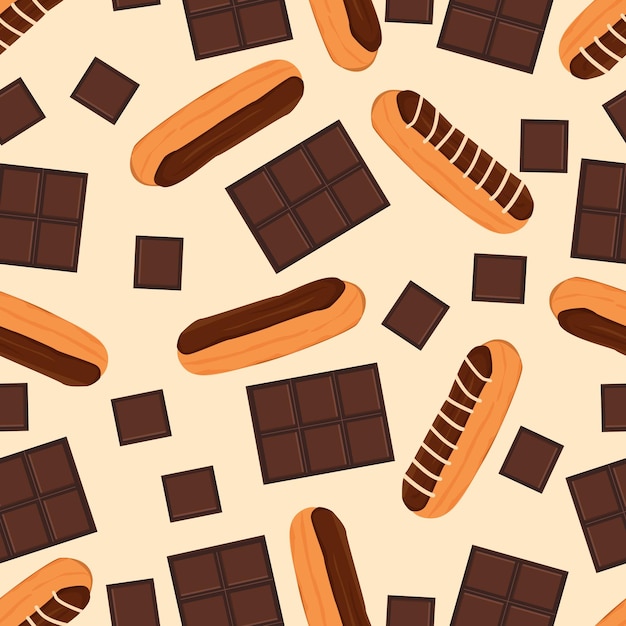 Design del motivo eclair al cioccolato con pezzi di cioccolato. sfondo di dolci al cioccolato