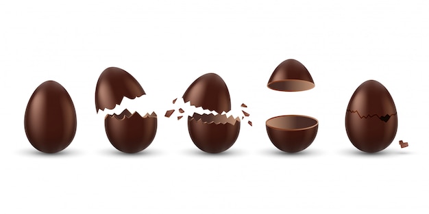 Chocolate eggs set.  whole, broken, exploded, cracked and open brown eggs collection. Realistic sweet chocolate candy dessert icons.  Easter holiday celebration concept