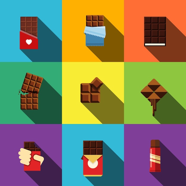 Vettore le icone piatte di cioccolato impostano gli elementi, le icone modificabili, possono essere utilizzate nel logo, nell'interfaccia utente e nel web design