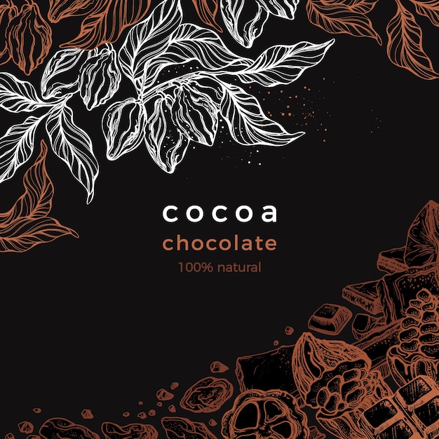 Vettore cornice grafica al cioccolato. albero di cacao, ramo, fagiolo, frutta. illustrazione disegnata a mano