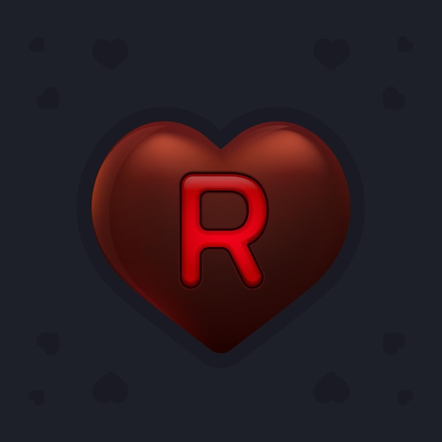 Chocolate heart with a marmalade letter R inside. Valentines day decoration element for design banner, card or any advertising. Vector