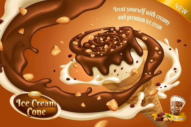 Chocolate ice cream cone ads with swirling toppings and nuts 