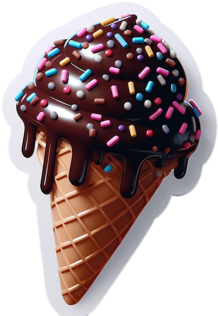 A chocolate ice cream cone with chocolate icing and colorful sprinkles