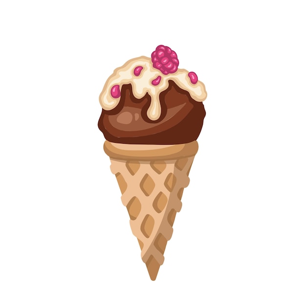 Chocolate ice cream cone with raspberries sorbet vector illustration