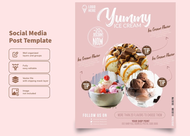 Vettore volantino per cubetti di gelato al cioccolato e modello di menu per il modello di post sui social media