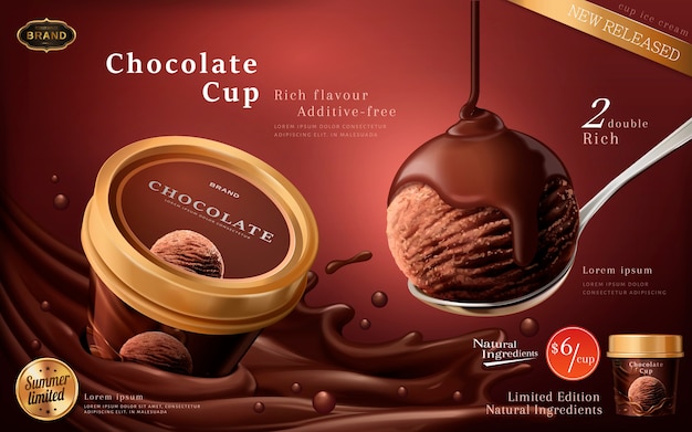 チョコレートアイスクリームカップ広告、緋色の背景に分離された流れるソースとプレミアムチョコレートアイスクリームのスクープ