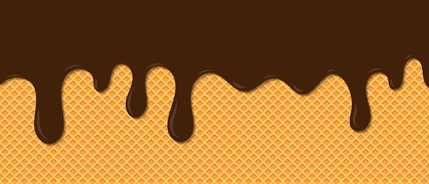 Chocolate ice cream melted on waffle background Sream melted on waffle background Sweet ice cream flowing down on cone Vector Illustration