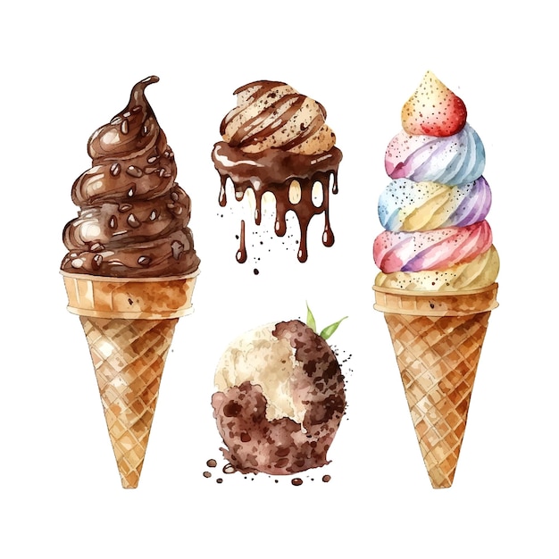 Chocolate ice cream waffle cone Watercolor drawing isolated on white Vector