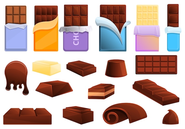 Chocolate icons set. Cartoon set of chocolate  icons for web