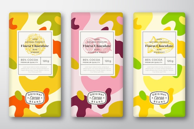 Vector chocolate labels set. abstract vector packaging design layouts collection. modern typography, hand drawn starfruit, kiwano, maracuja sketches and colorful camouflage pattern background. isolated.
