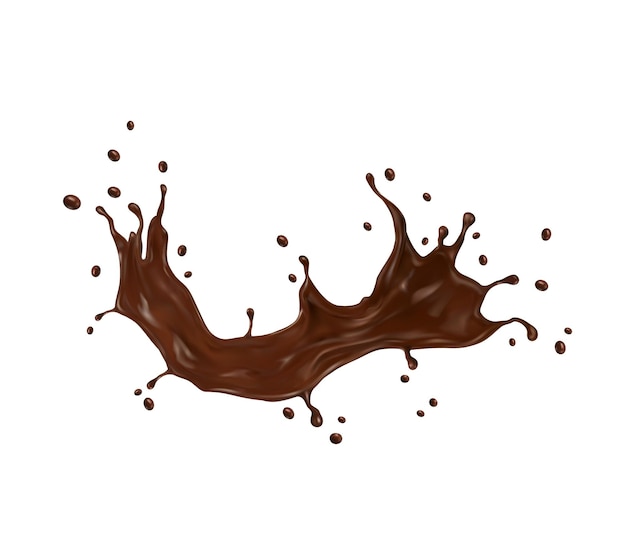 초콜릿 우유, 커피, 코코아 스플래시는 방울, 현실적인 벡터로 소용돌이칩니다. 초콜릿 또는 코코 크림 음료 및 액체 흐름 웨이브, 카카오 또는 밀크 쉐이크 시럽 및 달콤한 초콜릿 음식 쏟아지는 웨이브 스플래시