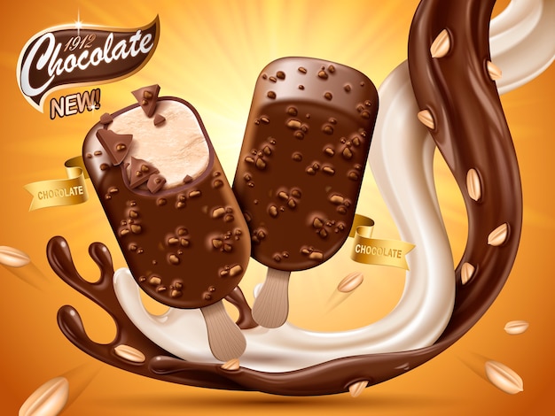 Chocolate milk ice bar ad, with chocolate and milk and peanut elements, orange background,  illustration