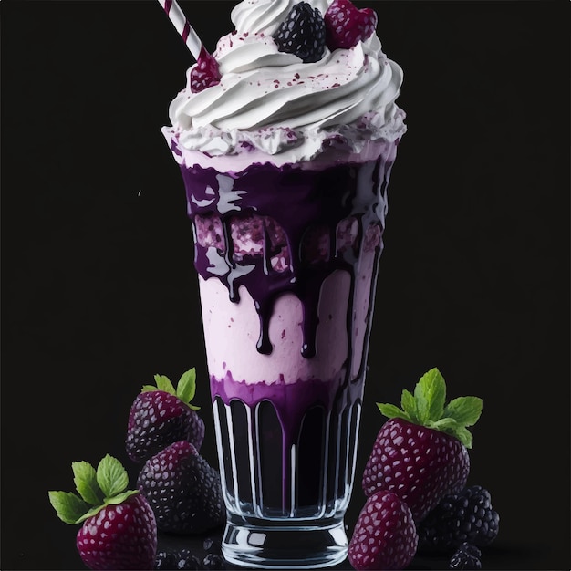 Vector chocolate milkshake with strawberries blackberries and chantilly cream