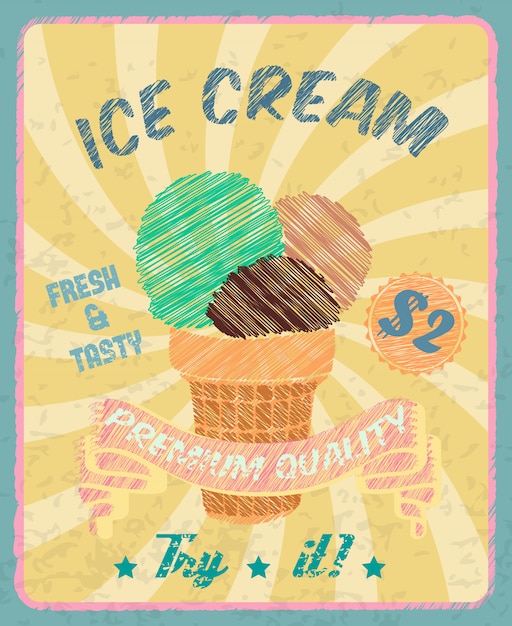 Chocolate mint sweet ice-cream poster with pink tape on wafer cup