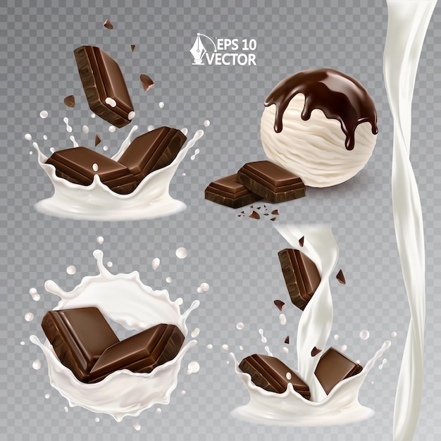 ベクトル ミルクの流れに落ちるチョコレートの破片天然ミルクまたはヨーグルトのスプラッシュリアルなベクトルセット