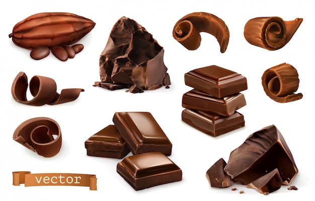 Cioccolato. pezzi, trucioli, frutti di cacao.