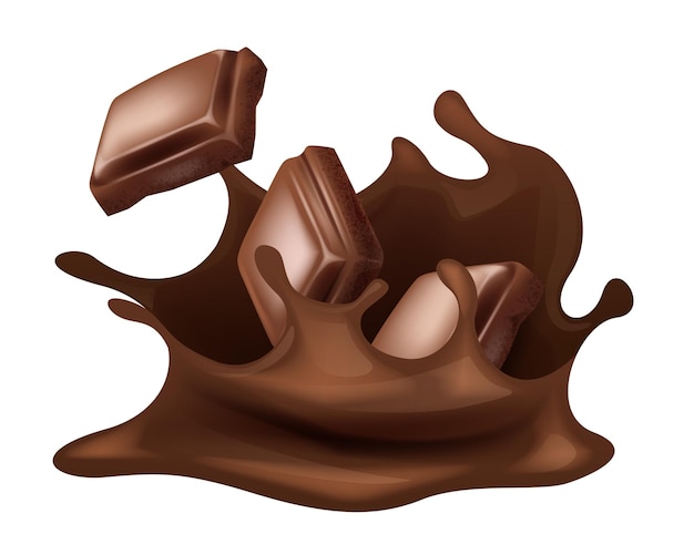 Chocolate pieces shavings d realistic vector set horizontal and vertical splash of chocolate