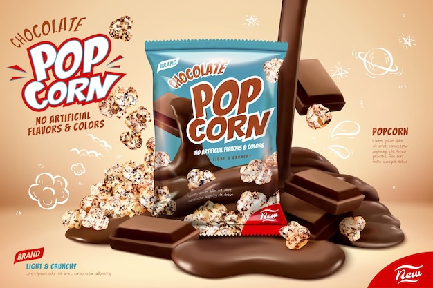 Pubblicità di popcorn al cioccolato che versano cioccolata liquida su popcorn e pezzi di cioccolate elemento di progettazione in illustrazione 3d