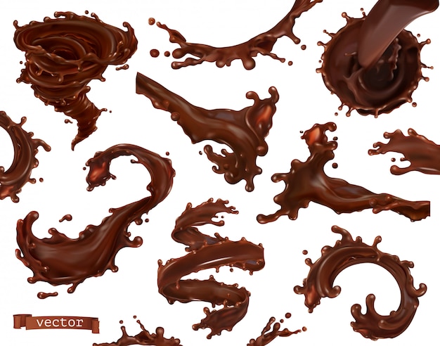 Chocolate splash. 3d realistic vector set