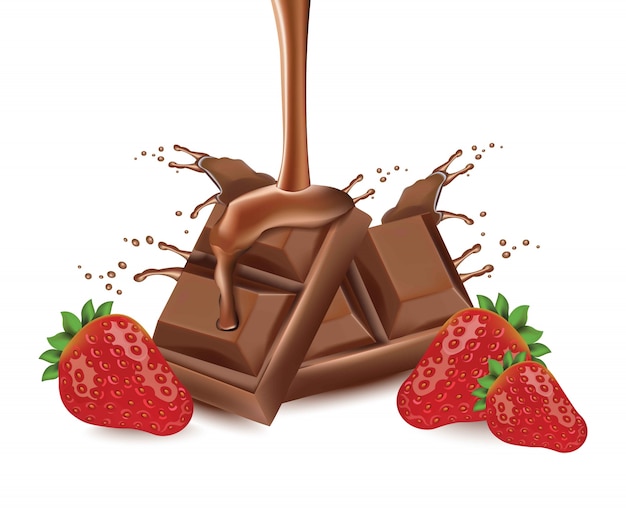 Chocolate splash and strawberry realistic isolated on white