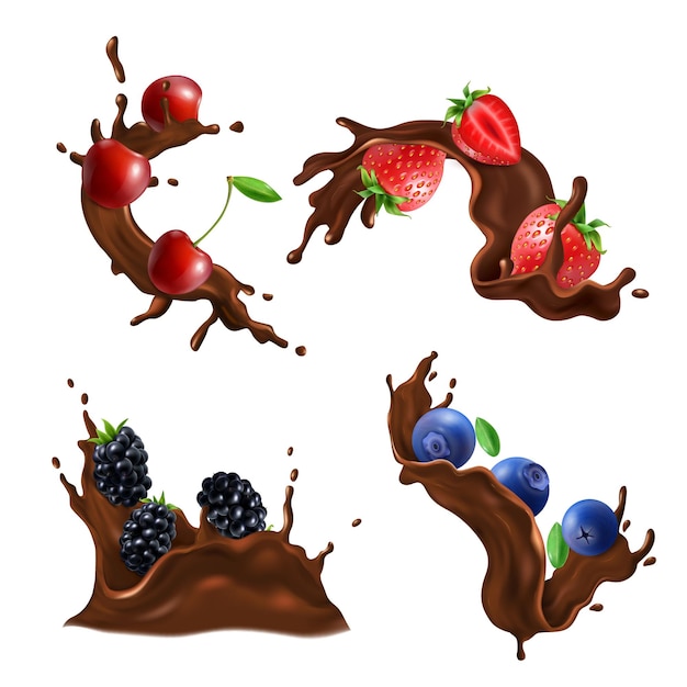 Vector chocolate splash swirl and drop realistic set with berries isolated