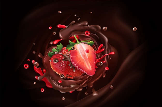 Chocolate splash with strawberries on a chocolate background.