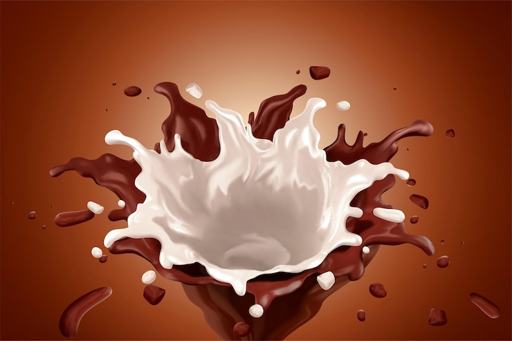 Vector chocolate splashing sauce with milk in 3d illustration on brown background