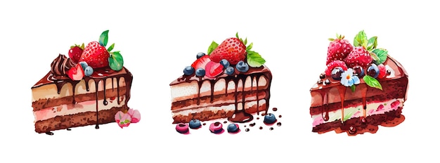 Torta al cioccolato e fragole acquerello isolato su sfondo bianco illustrazione vettoriale del cibo da dessert da forno