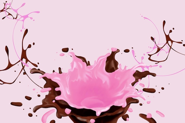 Chocolate and strawberry sauce splashing in the air, 3d illustration