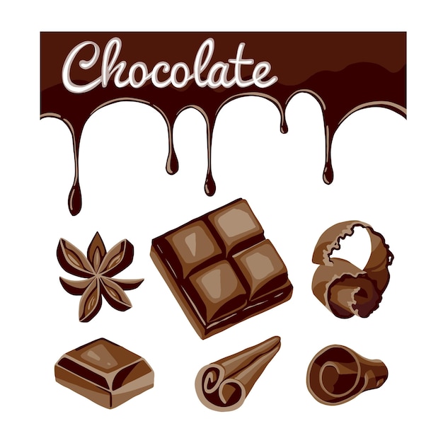 Chocolate streams curls candies and cacao beans isolated on white High quality illustration