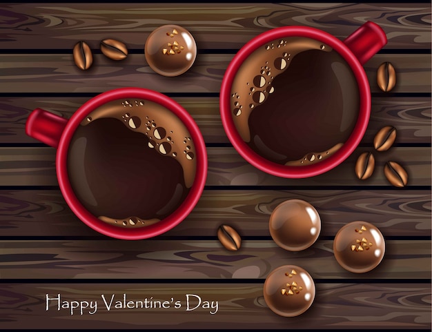 Вектор Шоколадные конфеты и красный леденец с реалистичным кофе, карта дня святого валентина