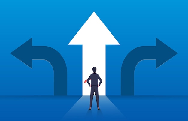 Choice and decision businessman standing with arrows in three different directions pathway selection dilemma