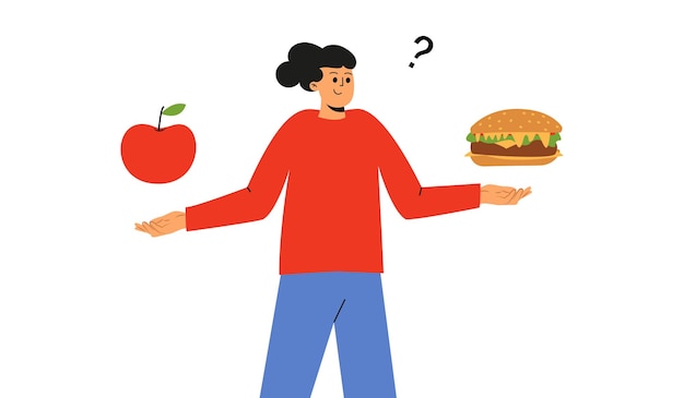 Vector the choice between healthy and not healthy food a woman chooses between a burger and an apple