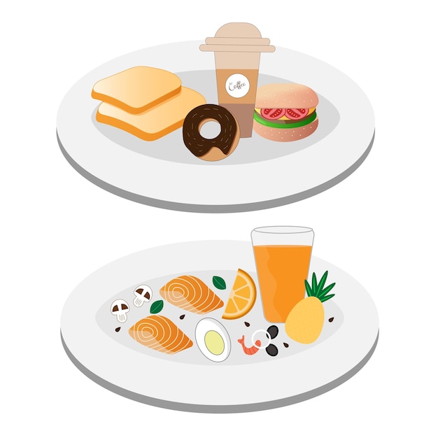 Choice between healthy and unhealthy food concept flat vector illustration.